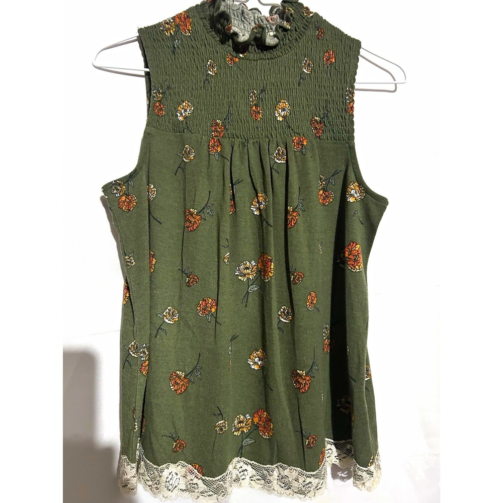 Rewind Green Floral Knit Smocked Lace Trim Mock Neck Keyhole Sleeveless Blouse S